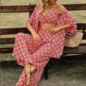 SHEIN VCAY Allover Print Cami Top & Wide Leg Pants & Open Front Blouse